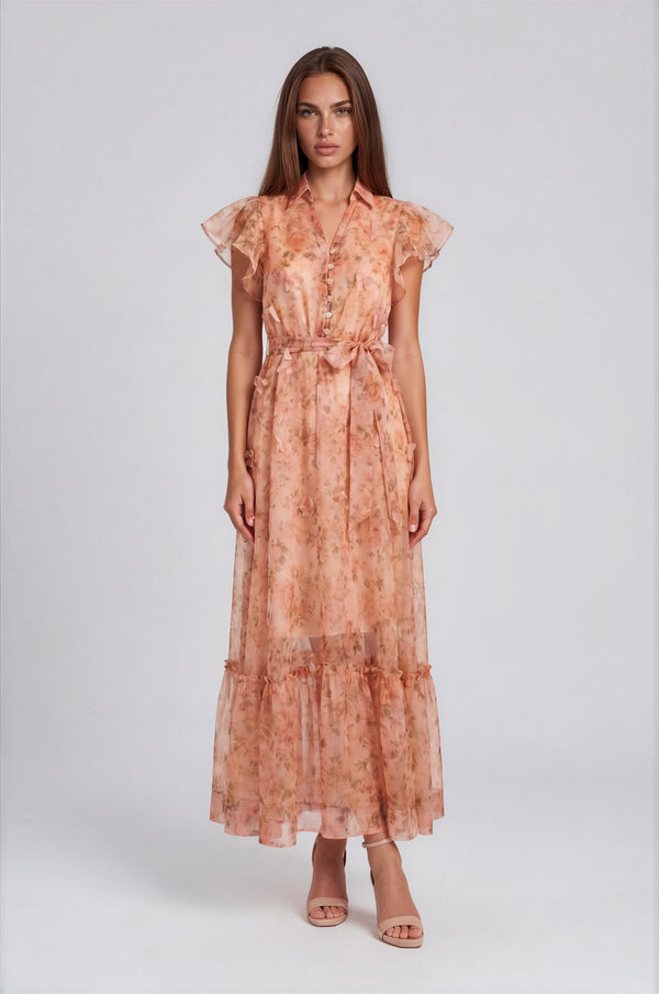 Peach Rose Organza Maxi Dress