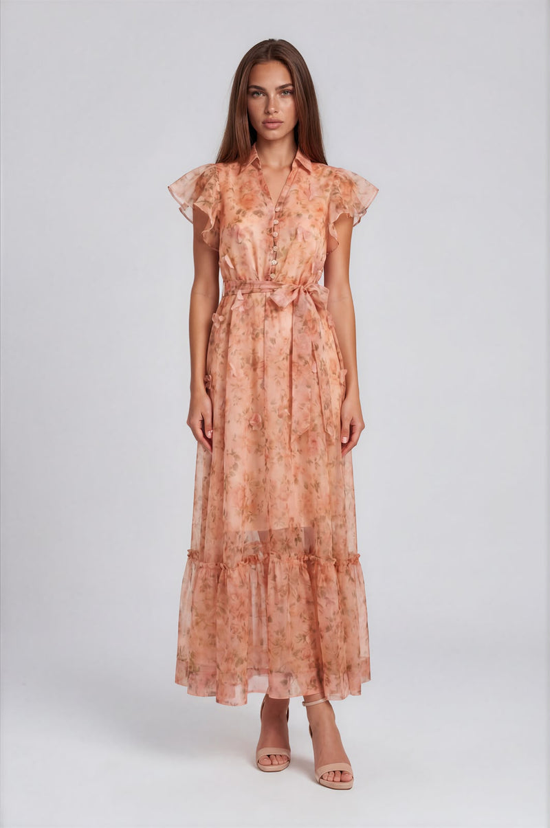 Peach Rose Organza Maxi Dress