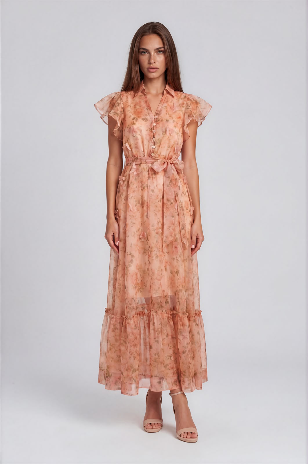 Peach Rose Organza Maxi Dress