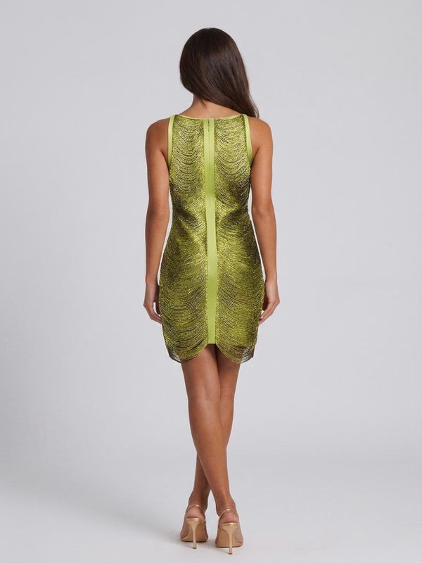 Olive Shimmer Fringe Mini Dress